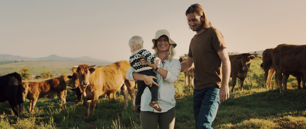 Young family standing in a field with cows.